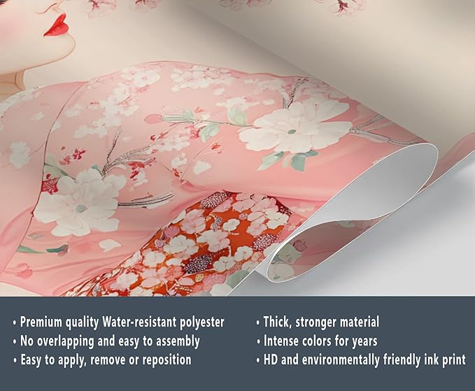 Japanese Cherry Blossom Wall Mural, Kimono Woman Geisha 3D Wall Murals, Oriental Beauty Wallpaper Mural, for Living Room Bedroom Large Wallpaper Indoor Decor 157.5" W x110.3 H