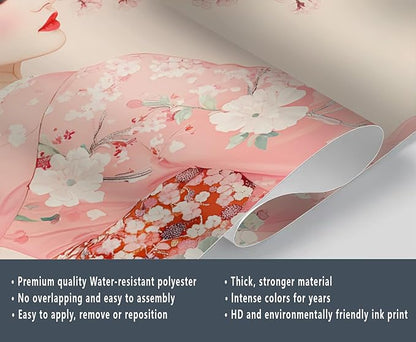 Japanese Cherry Blossom Wall Mural, Kimono Woman Geisha 3D Wall Murals, Oriental Beauty Wallpaper Mural, for Living Room Bedroom Large Wallpaper Indoor Decor 137.8" W x100 H