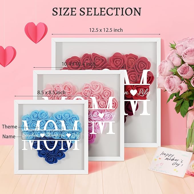 Mom We Love You - Personalized Flower Shadow Box with Names, Christmas Mothers Day Flower Box Gifts for Mom (Style 1-Mom with Names)