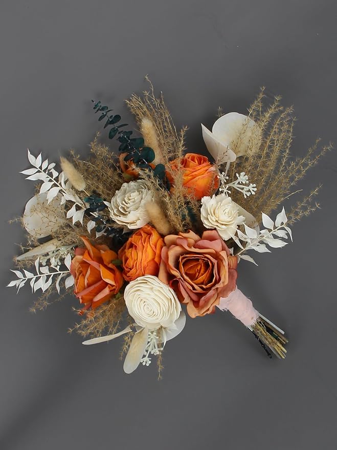 Rinlong Fall Wedding Bouquet for Bridesmaids Burnt Orange Dried Flower Bridesmaid Boho Terracotta Bouquet Wedding