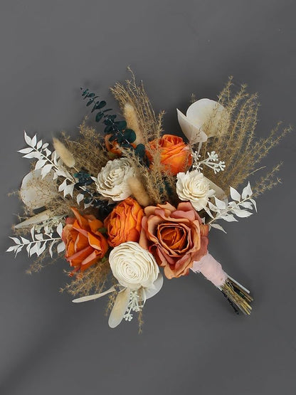 Rinlong Fall Wedding Bouquet for Bridesmaids Burnt Orange Dried Flower Bridesmaid Boho Terracotta Bouquet Wedding