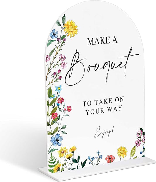 Acrylic Wedding Signs Make A Bouquet Sign for Reception, 6x8" Floral Themed Arch Acrylic Table Decor, Flower Bar Supplies, Love Is In Bloom Decorations for Baby Shower Bridal Shower Engagement Party