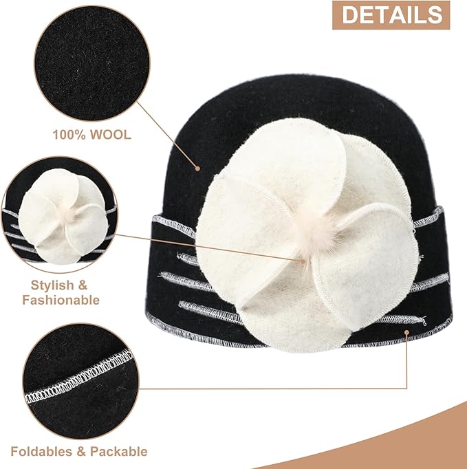 Sumolux Beanie Hats for Women Wool Skull Cap Beret Floral Cuffed French Vintage Dress Cloche Classic Winter 1920s