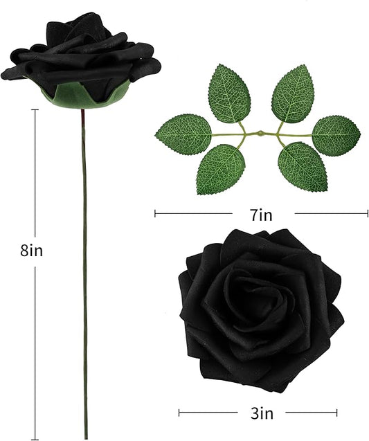 DuHouse 50Pcs Artificial Roses Flowers Fake Roses with Stems Real Touch Foam Flowers for DIY Wedding Bouquet Baby Shower Centerpiece Floral Arrangement Party Home Decor(Black)