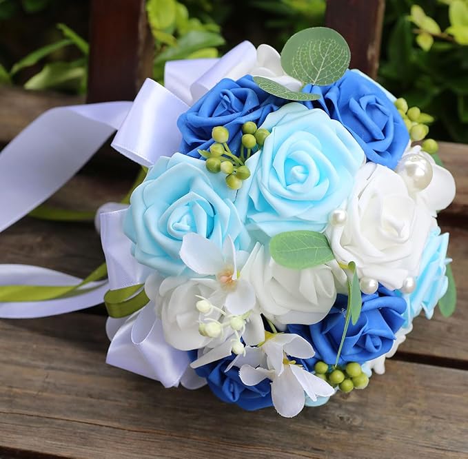 Lightweight Bridal Wedding Bouquet Round Holding Bouquet Throw Toss Artificial Rose Flower Bunch for Bride Bridesmaid Wedding Quinceanera (White, Royal Blue & Light Blue, 6.7")