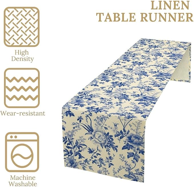 Vintage Blue Floral Table Runner, Retro Country Flowers Botanical Design Table Runner for Kitchen Dining Home Party Outdoor Indoor Decor, 13x60 Inch