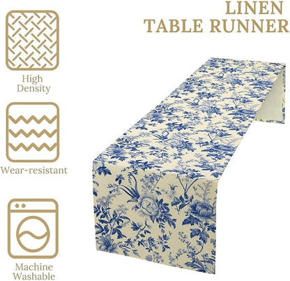 Vintage Blue Floral Table Runner, Retro Country Flowers Botanical Design Table Runner for Kitchen Dining Home Party Outdoor Indoor Decor, 13x36 Inch