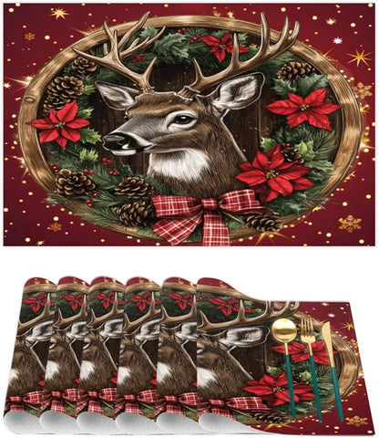 Xmas Christmas Reindeer Poinsettia Red Placemats Set of 4 PVC Vinyl Non Slip Table Mats Heat Resistant Place Mats Washable Wipeable Dining Table Mat for Kitchen Party Indoor Outdoor Decorative Gift