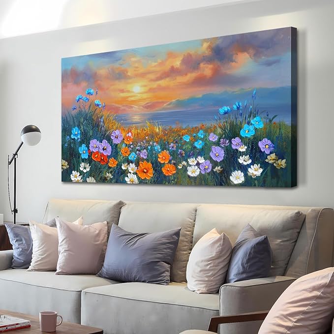 Ardemy Landscape Wall Art for Living Room Extra Large Wildflower Pictures Wall Decor Coastal Sunset Floral Canvas Textured Bedroom Flower Paintings Artwork Home Office, 40"x20"