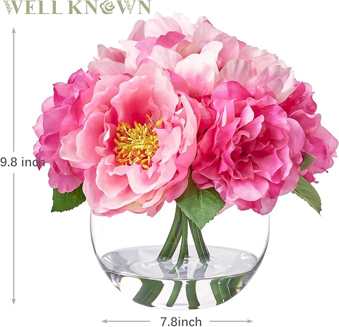 Artificial Flowers in Vase, Silk Peonies Bouquet for Vase with Faux Water, Fake Peony Flower Arrangement for Home Wedding Birthday Party Dining Table Centerpiece New Year Decor Mom's Gift (Pink)