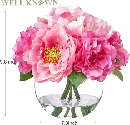 Artificial Flowers in Vase, Silk Peonies Bouquet for Vase with Faux Water, Fake Peony Flower Arrangement for Home Wedding Birthday Party Dining Table Centerpiece New Year Decor Mom's Gift (Pink)