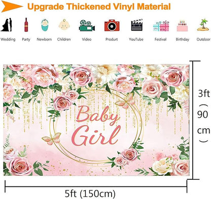InMemory Pink Rose Baby Girl Baby Shower Backdrop Banner Decorations for Girl,Rose Gold Floral It's a Girl Banner Photography Background for Sweet Girls Baby Shower Party Decor Photo Booth Props 5x3ft