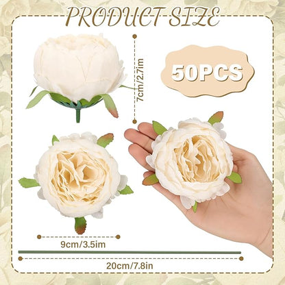 50 Pcs Artificial Peony Flower Bulk 3.5 Inch Silk Peony Flowers Heads with Stems Realistic Fake Roses for DIY Wedding Party Craft Bridal Bouquets Table Centerpieces Vase Home Decor(Cream‌)