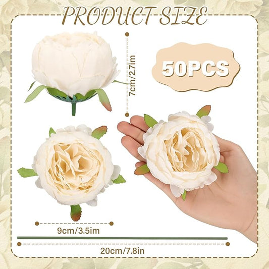 50 Pcs Artificial Peony Flower Bulk 3.5 Inch Silk Peony Flowers Heads with Stems Realistic Fake Roses for DIY Wedding Party Craft Bridal Bouquets Table Centerpieces Vase Home Decor(Cream‌)