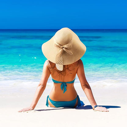 DRESHOW Beach Hats for Women Big Straw Wide Brim Summer Hat Floppy Foldable Roll up Cap Sun Hat UPF 50+