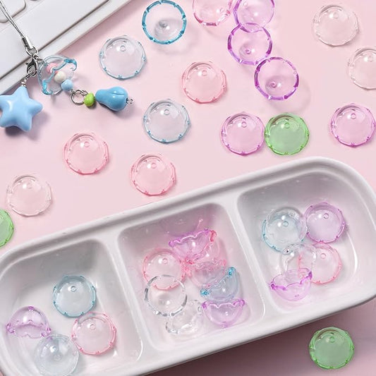 80Pcs Acrylic Clear Flower Bead Caps for Jewelry Making, Transparent Bell Charms, Semi-Round Floral Beads Bulk with Wavy Edge, Jellyfish Beads for Wind Chimes DIY Craft Key Chains-13 * 22mm