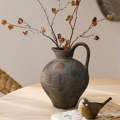 Ceramic Rustic Farmhouse Vase with Handle, 8.7 Inch Brown Vintage Vase, Rustic Ceramic Pottery for Home Decor, Farmhouse Decor Centerpiece for Kitchen, Living Room, Entryway