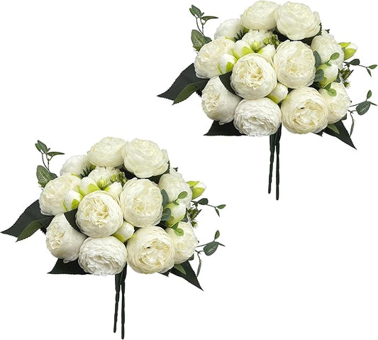 Artificial Peony Flowers, 4Pcs Silk Peonies Fake Peony Bouquets for Home Wedding Office Party Decor (White)