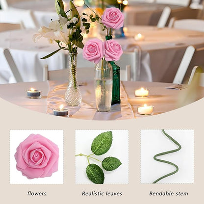 Artificial Flowers Dark Pink Roses 100PCS Real Looking Foam Fake Roses with Leaves and for DIY Wedding Bouquets Bridal Shower Centerpieces Party Decorations (Dark Pink, 100)