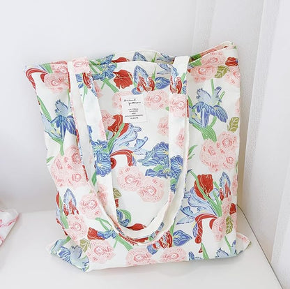 Cotton Canvas Tote Bag Reusable Soft Grocery Cloth Bag Floral Shoulder Bag for Beach Travel Shopping
