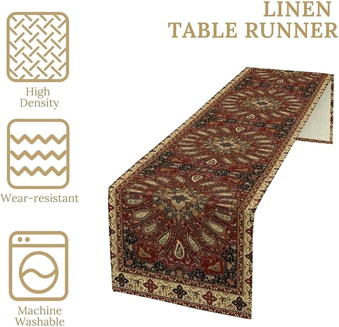 Boho Paisley Table Runner, Classic Traditional Red Gold Mandala Vintage Farmhouse Decor Table Runner for Kitchen Dining Festive Holiday Party Wedding Gathrting, 13x108 Inch