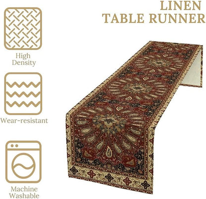 Boho Paisley Table Runner, Classic Traditional Red Gold Mandala Vintage Farmhouse Decor Table Runner for Kitchen Dining Festive Holiday Party Wedding Gathrting, 13x108 Inch
