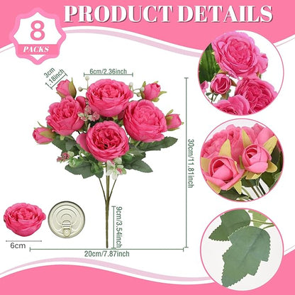 ASTRYAS 8Pcs Artificial Flowers Fake Peonies Silk Peony Bouquet Faux Flowers Bulk Arrangements for Decoration Vase Florals Arrangements Wedding Home Party Table Hot Pink