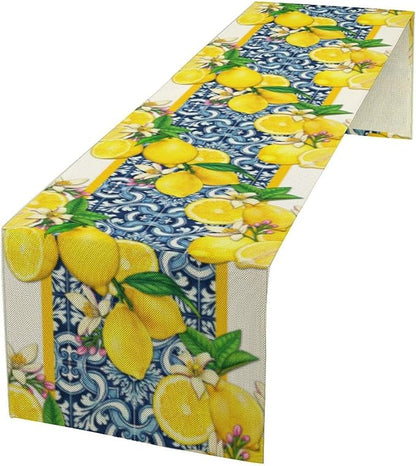 Lemon Table Runner ,Summer Blue Tiles Lemons Kitchen Dining Table Decoration Lemons Table Cover for Indoor Outdoor Home Party Decor, 13 x60 Inch