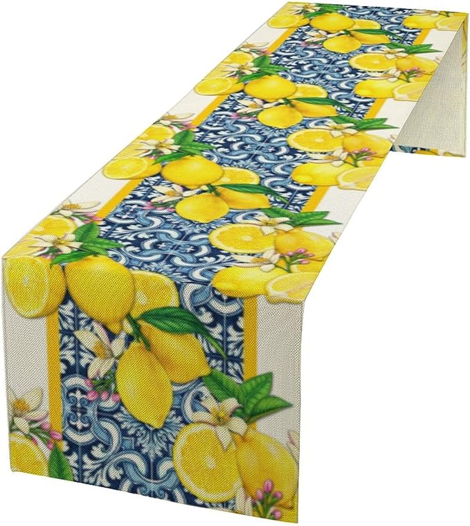 Lemon Table Runner,Summer Blue Tiles Lemons Kitchen Dining Table Decoration Lemons Table Cover for Indoor Outdoor Home Party Decor, 13 x36 Inch