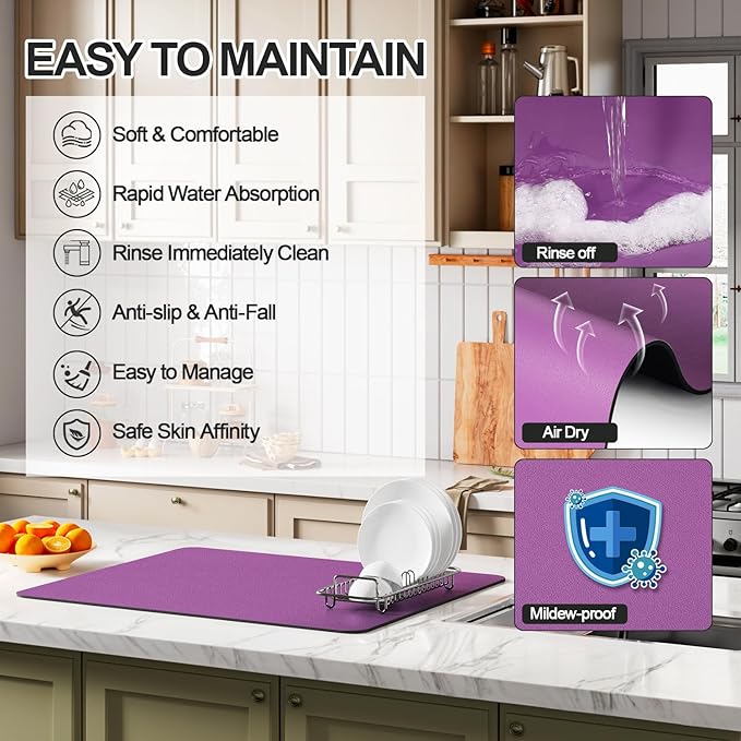 Dish Drying Mat for Kitchen Counter | Coffee Bar Mat for Countertops | Heat Resistant Drainer Mat with Non-slip Rubber Backed | Hide Stain Kitchen Absorbent Draining Mat | Purple 16"x18"