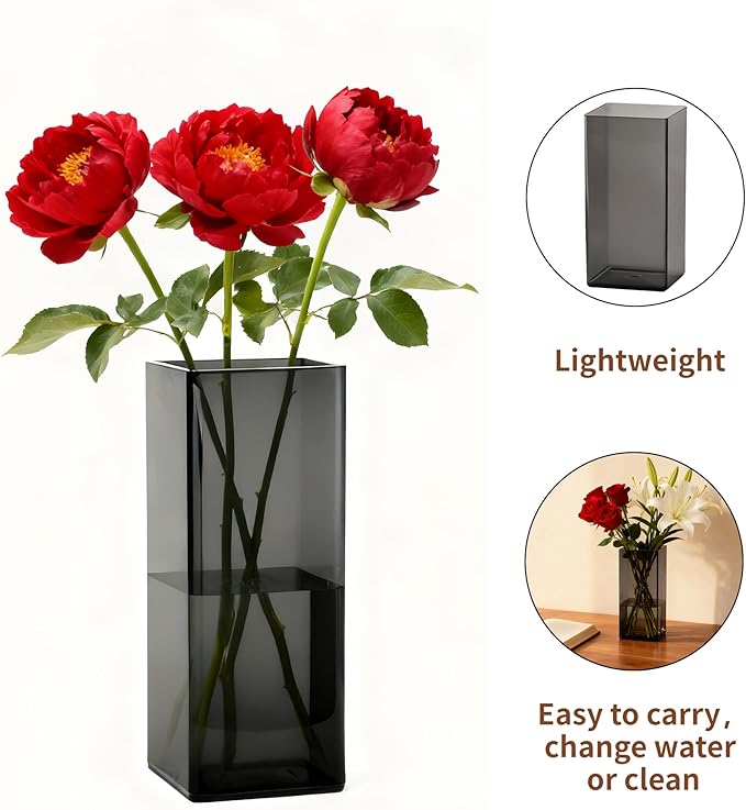 Acrylic Square Flower Vase, Non-breakable Vase, 5" x 5" x 12" Tall Grey Vases for Flower, Large Cube Floral Plant Container, Planter Terrarium for Wedding Party Event, Home Office Decor