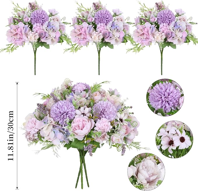 Nubry 3pcs Artificial Flowers Bouquet Fake Peony Silk Hydrangea Wildflowers Arrangements with Stems for Wedding Home Centerpieces Decor (Light Purple)