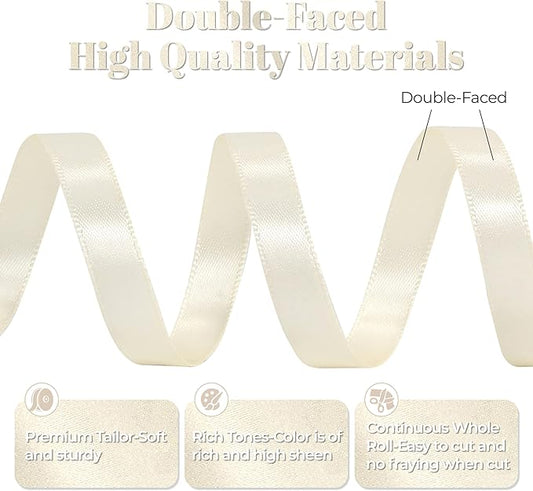 Cream Satin Ribbon, Double Faced 3/8 Inch X 50 Yards Cream Ribbon, Premium Satin Ribbon for Gift Wrapping, Crafts, Hair Bow Making, Sewing, Flower Bouquet, Wedding Party Decor