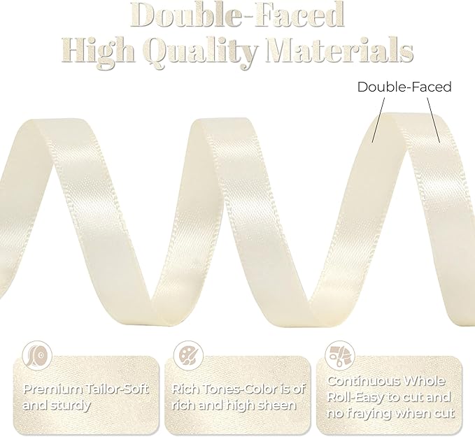 Cream Satin Ribbon, Double Faced 3/8 Inch X 25 Yards Cream Ribbon, Premium Satin Ribbon for Gift Wrapping, Crafts, Hair Bow Making, Sewing, Flower Bouquet, Wedding Party Decor