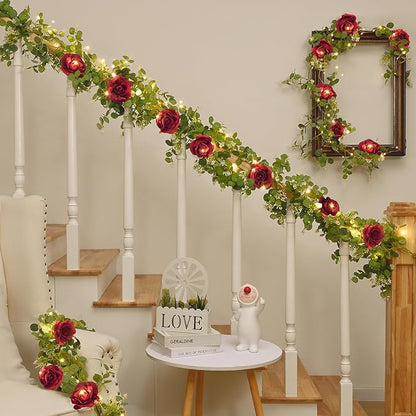 Dolicer 2Pcs 13Ft Artificial Eucalyptus Garlands with Flowers - 8 Roses, Faux Floral Greenery Garlands with 13Ft String Lights Fake Flowers Vines for Wedding Table Centerpieces Arch Party Decor (Red)