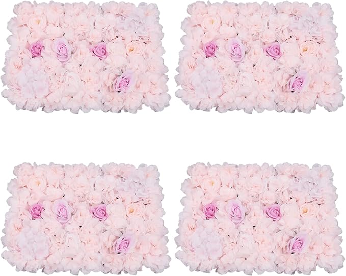 4Pcs Artificial Flower Wall Panel,3D 16" X 24" Silk Rose Mat Artificial Flower Wall,Rectangle Decorative Backdrop Flower Panels Wall for Bridal,Patio,Garden,Yard Decor(Light Pink, Champagne)