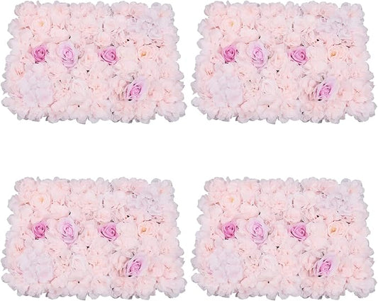 4Pcs Artificial Flower Wall Panel,3D 16" X 24" Silk Rose Mat Artificial Flower Wall,Rectangle Decorative Backdrop Flower Panels Wall for Bridal,Patio,Garden,Yard Decor(Light Pink, Champagne)