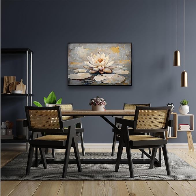 Ethereal white lotus floating on Crystal Waters poster vintage oil painting printwall art soft blush and gold accents serene home and office decor dreamy 12x18in Metal blackFramed
