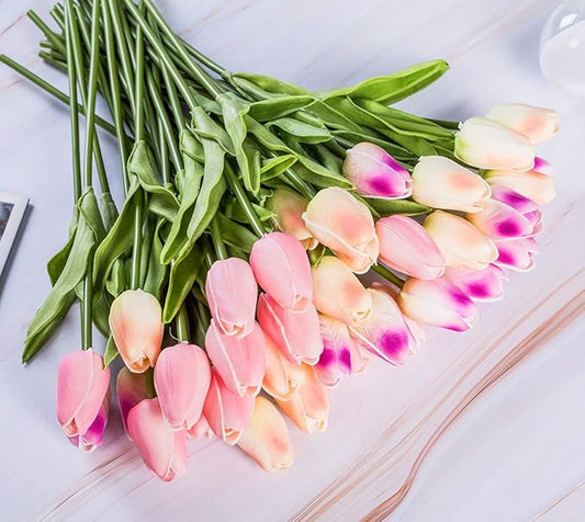 30pcs Artificial Tulips Flowers Real Touch Multicolored Tulips Fake Holland PU Tulip Bouquet Latex Flowers for Wedding Party Office Home Kitchen Decoration (Champagne Light Purple Pink)