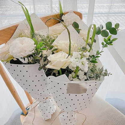 WRAPAHOLIC 20 Sheets Flower Wrapping Paper - 22.4 x 22.4 inch White and Black Polka Dots Water-Resistant Floral Bouquet Wrapping Paper, Florist Supplies Packaging for Wedding Birthday Gift DIY