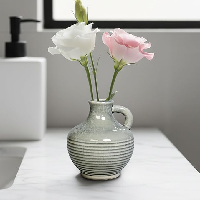 Sunddo Gray Ceramic Flower Vase， 6 Inch Small Modern Boho Vase for Home Decor, Decorative Vases with Handle, Neutral Accent for Minimalist, Table, Living Room, Bathroom, Shelf, Mantel Decor