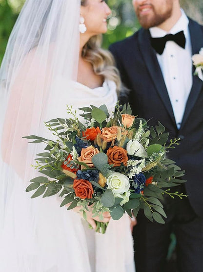 Rinlong Fall Wedding Bouquets for Bride Navy Blue Burnt Orange Bridal Bouquet for Wedding Terracotta Bouquets Boho Artificial Flowers