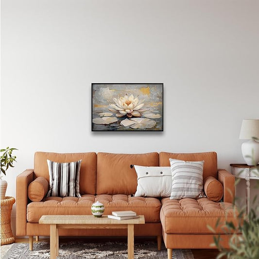 Ethereal white lotus floating on Crystal Waters poster vintage oil painting printwall art soft blush and gold accents serene home and office decor dreamy 24x36in Metal blackFramed