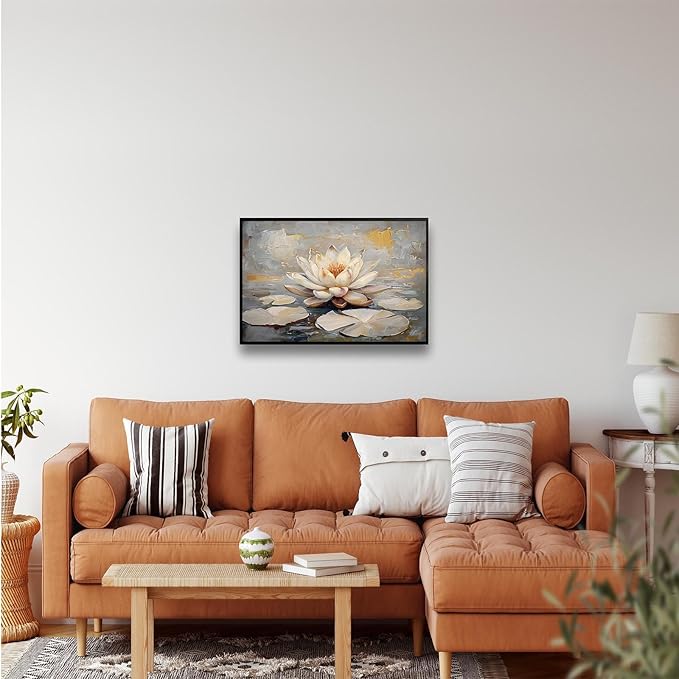 Ethereal white lotus floating on Crystal Waters poster vintage oil painting printwall art soft blush and gold accents serene home and office decor dreamy 16x24in Metal blackFramed