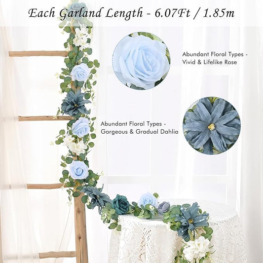 Waipfaru 6.07Ft Artificial Eucalyptus Garland With Flowers - Wedding Table Decorations, Floral Rose for Centerpieces, Backdrop Wall Flower Vines, Room Decor (Dusty Blue)