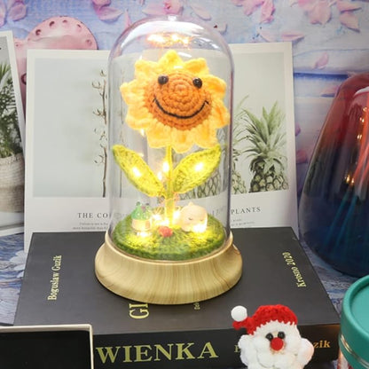 Eternal Sunflower Gifts for Women, Crochet Artificial Sun Flower Decor in Plastic Dome with Led, for Her Mom Mothers Day Birthday Anniversary Christmas Valentine Gifts (Yellow)