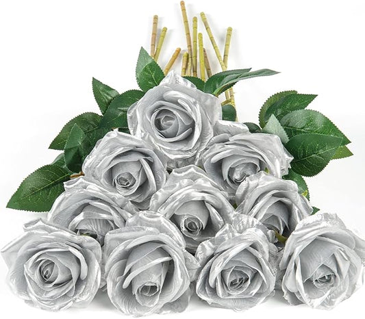 DuHouse 10pcs Silk Roses Artificial Flowers Fake Rose for Arrangement Wedding Party Home Decoration (Silver)