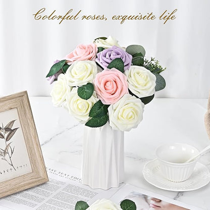 BLEUM CADE 16Pcs Artificial Flowers Fake Roses with Stems, Ivory White Boxed Foam Roses for DIY Bouquets Centerpieces Wedding Party Arrangement Bridal Shower Decor