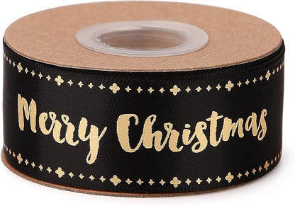 Merry Christmas Ribbon 10 Yards 1Inch Wide Black Satin Ribbons with Gold Printed Gift Ribbon for Craft Packing, Gift Wrapping, DIY Craft, Christmas Party Supplies