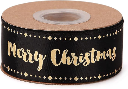 Merry Christmas Ribbon 10 Yards 1Inch Wide Black Satin Ribbons with Gold Printed Gift Ribbon for Craft Packing, Gift Wrapping, DIY Craft, Christmas Party Supplies